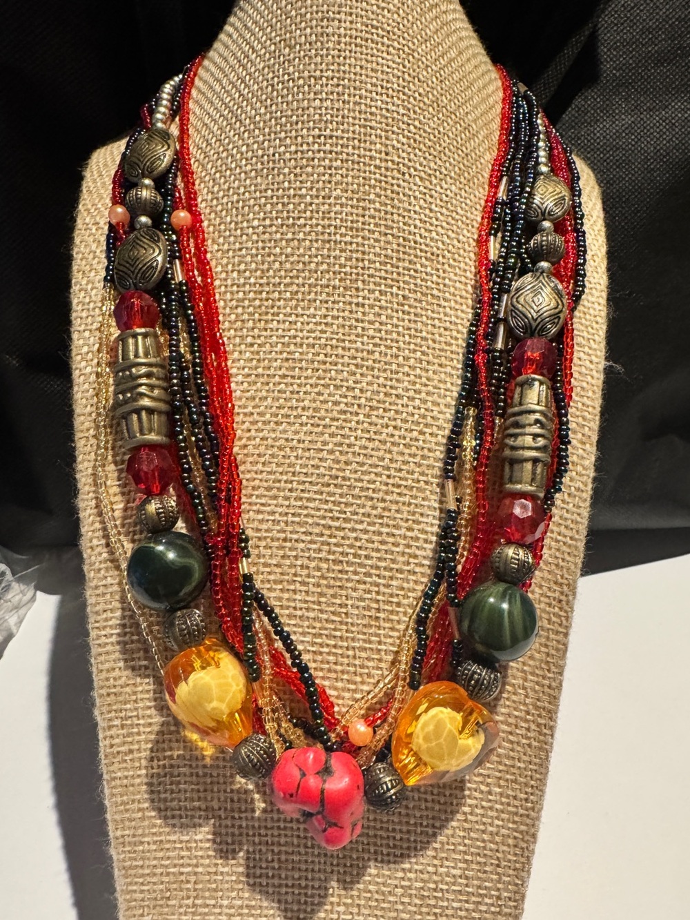Vintage Red Howlite Nugget, Amber glass Hearts & Tribal Metal necklaces